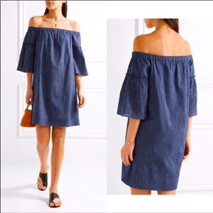 Madewell Off Shoulder Mini Blue Pinstripe Bell Sleeve 100% Cotton Dress Sz 4